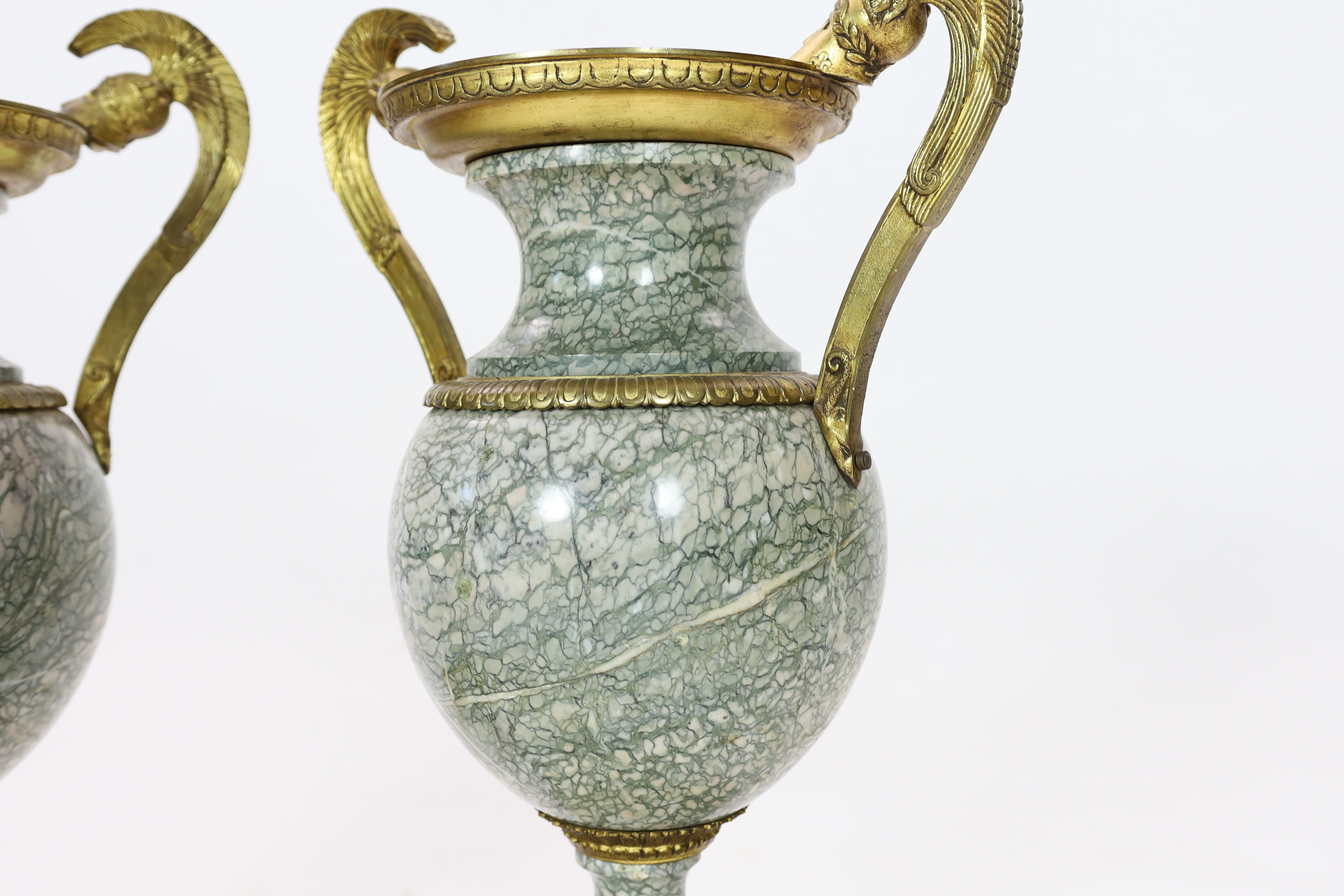 A pair of 19th century ormolu mounted Chipollino green variegated marble vases Please note this lot attracts an additional import tax of 5% on the hammer price